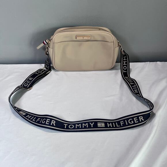 Tommy Hilfiger Beige Crossbody Bag Logo Strap Adjustable Shoulder Purse Handbag - Picture 1 of 8